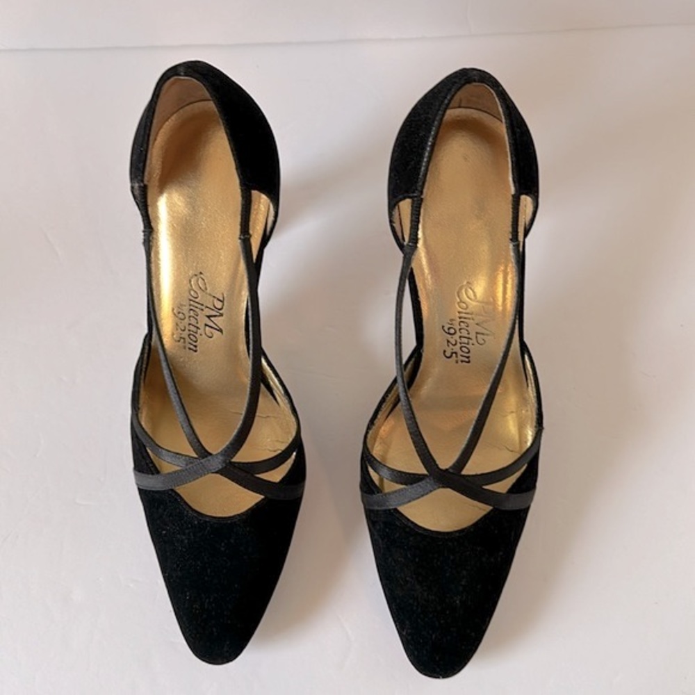 PM Collection by 925 Black Velvet & Satin Strappy Formal Evening Heels 3 inches - Picture 3 of 11